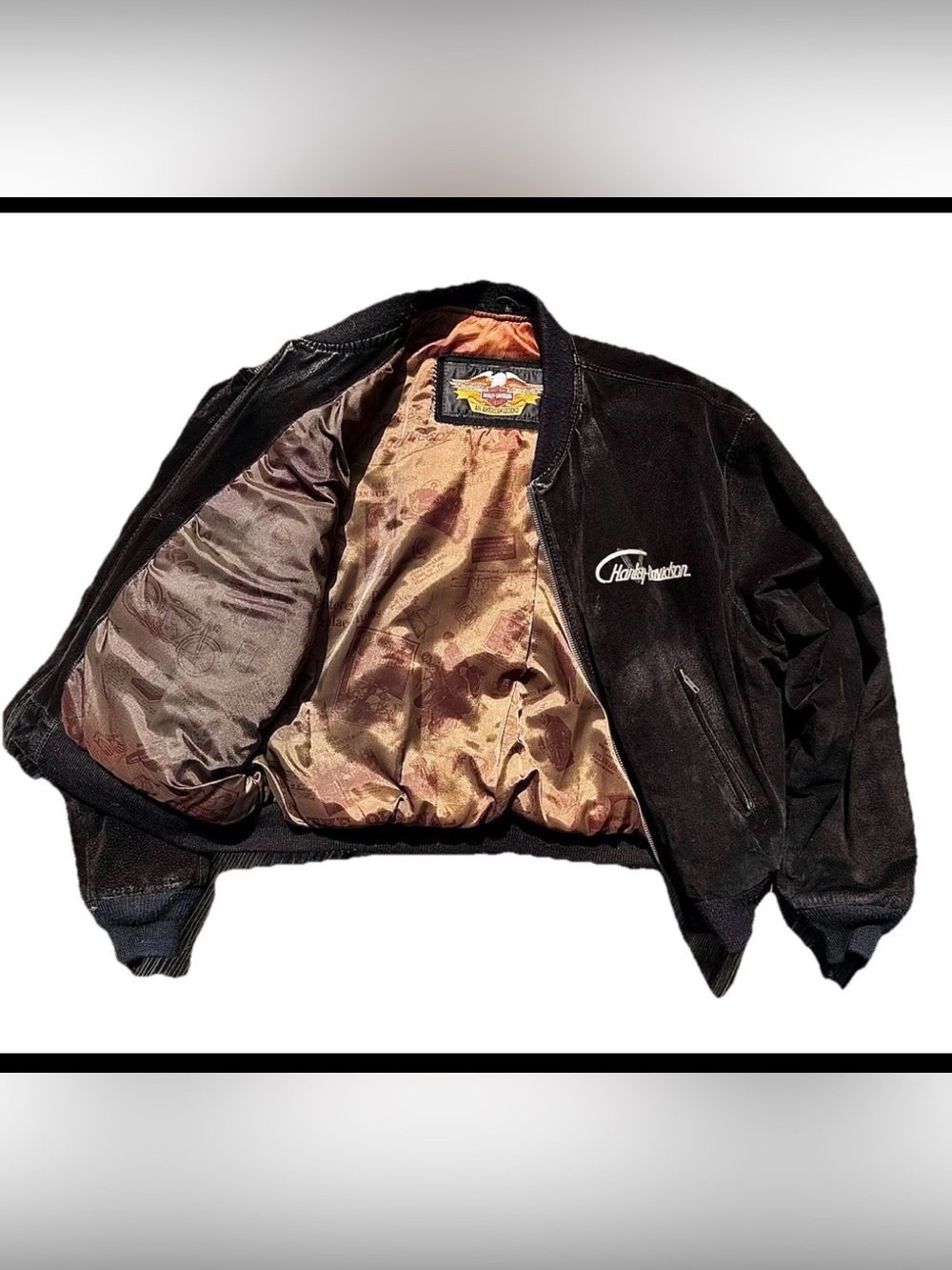 Vintage Harley Davidson Men’s Sz L Black,Suede&Leather Bomber Jacket VTwin power - Picture 5 of 6